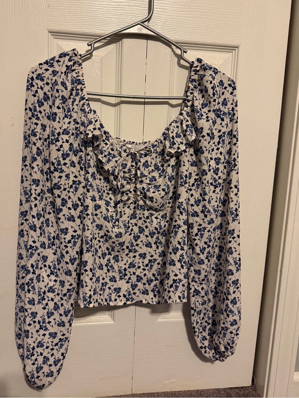 Lush White and Blue Floral Ruffle Peasant Blouse